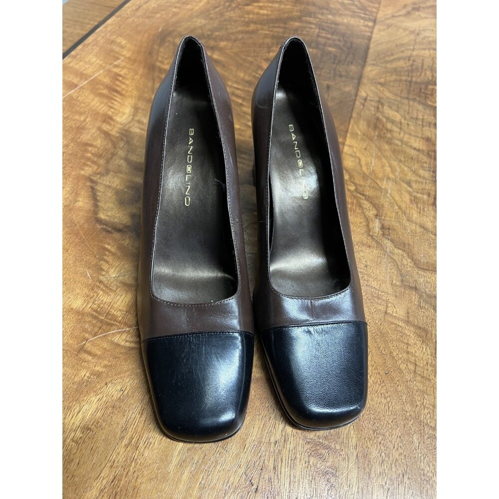 Vtg 90s Bandolino Women’s 6 Brown Leather Black Cap Toe Block Heels Shoes Pumps